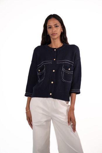 Donkerblauwe katoenen cardigan met witte stikking en gouden knopen Charli Jeff