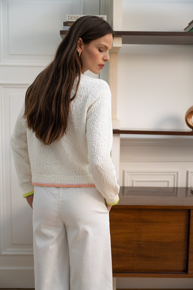 Ecru cardigan met structuur en gekleurde boord Bahia Jeff