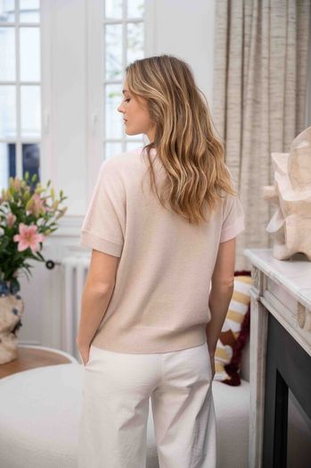Roze trui in merino wol, met beige achterkant Gioia Jeff 