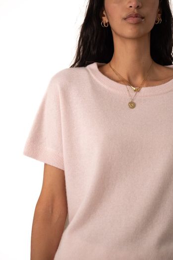 Roze trui in merino wol, met beige achterkant Gioia Jeff 