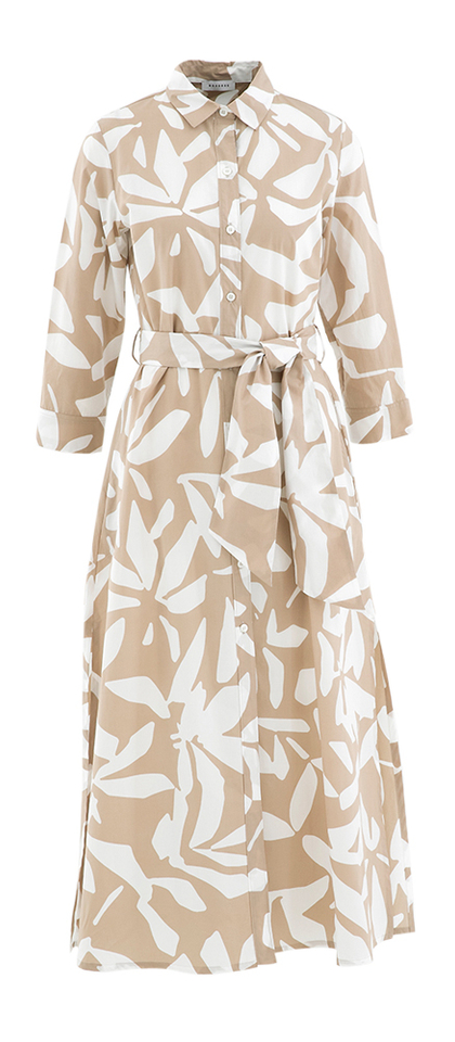 Mokka kleurige katoenen lange jurk met witte print en driekwart mouwen Rosso35