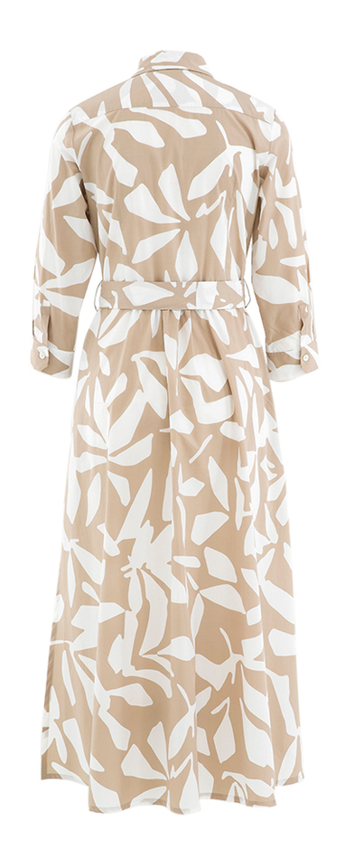 Mokka kleurige katoenen lange jurk met witte print en driekwart mouwen Rosso35