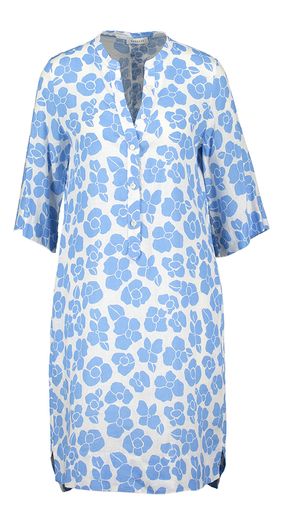 Witte linnen jurk met lichtblauwe bloemenprint en driekwart mouwen Rosso35