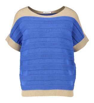 Rosso 35 Blauwkleurige pull met korte mouwen en camelkleurige details