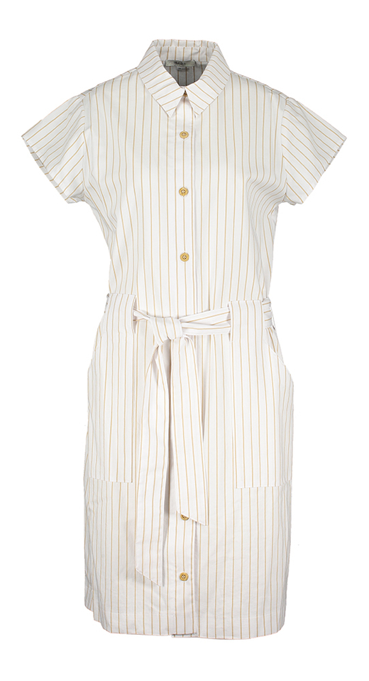 Witte jurk met camelkleurig strepenpatroon Selma Blue Bay