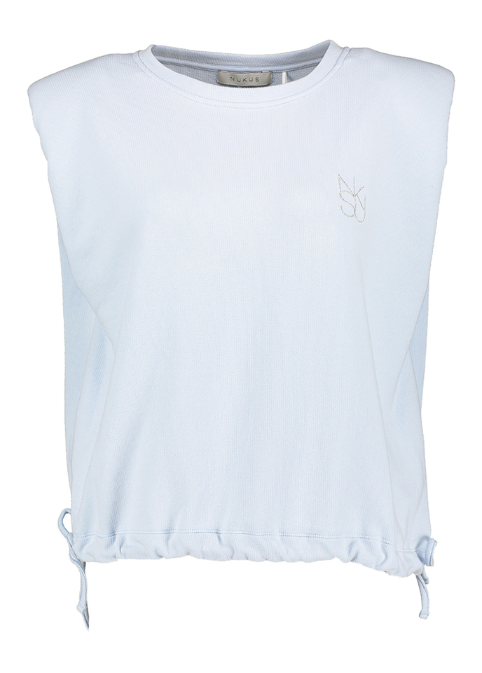 Blauwe mouwloze sweater met strop onderaan  Babette Nukus 