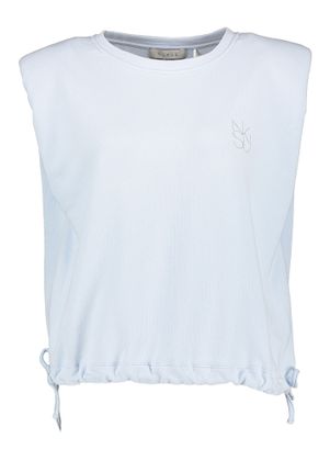 Nukus Blauwe mouwloze sweater met strop onderaan Babette