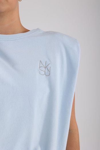 Blauwe mouwloze sweater met strop onderaan  Babette Nukus 
