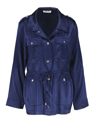 Max & Moi Donkerblauwe glanzende blouse met goudkleurige knopen Vagnes