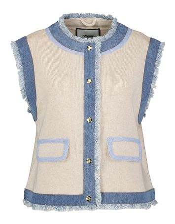 Beige mouwloze gilet met jeansblauwe details Gadelie Max & Moi