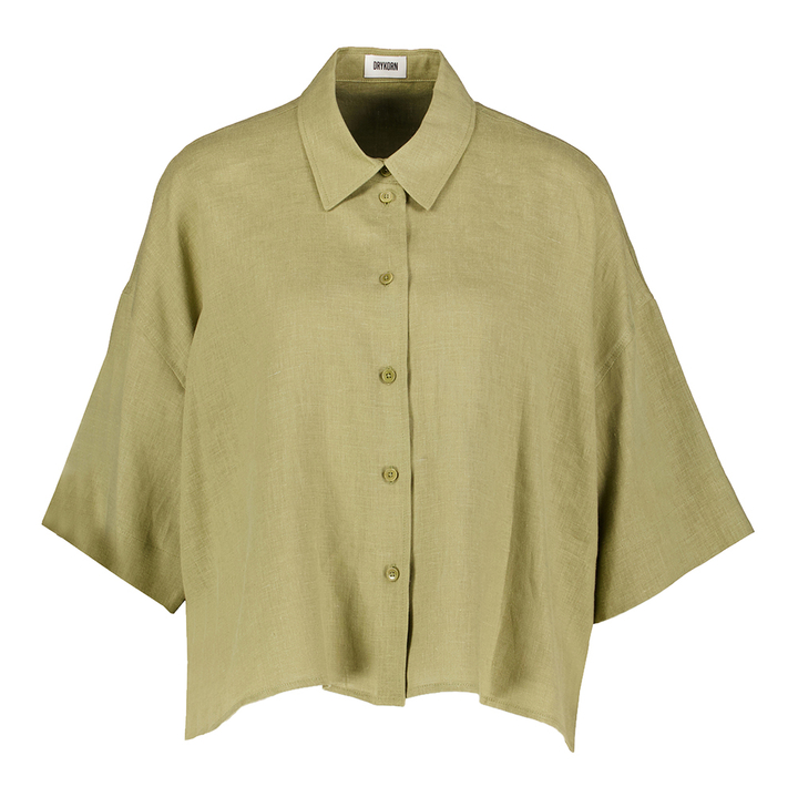 Kakigroene linnen blouse met driekwart mouwen Yarika Drykorn