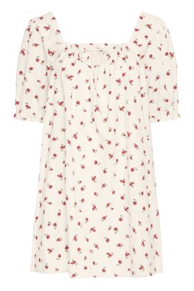 Ichi Beige jurk met rode bloemenprint Rosey