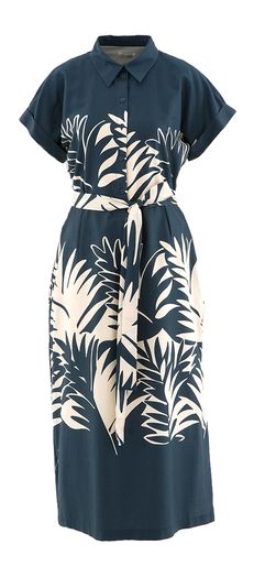 Donkerblauwe maxi-jurk met beige bloemenprint en split aan de zijkant Nelles Atmos 