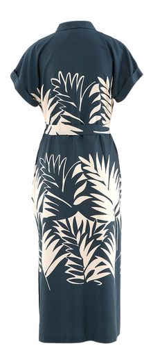 Donkerblauwe maxi-jurk met beige bloemenprint en split aan de zijkant Nelles Atmos 