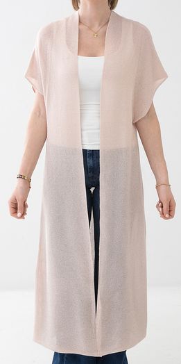 Poederroze lange gehaakte gilet met glitterdraad Juul Atmos