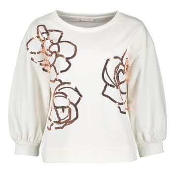 Witte sweater met roze gouden pailetten bloemenprint Thirza Senso