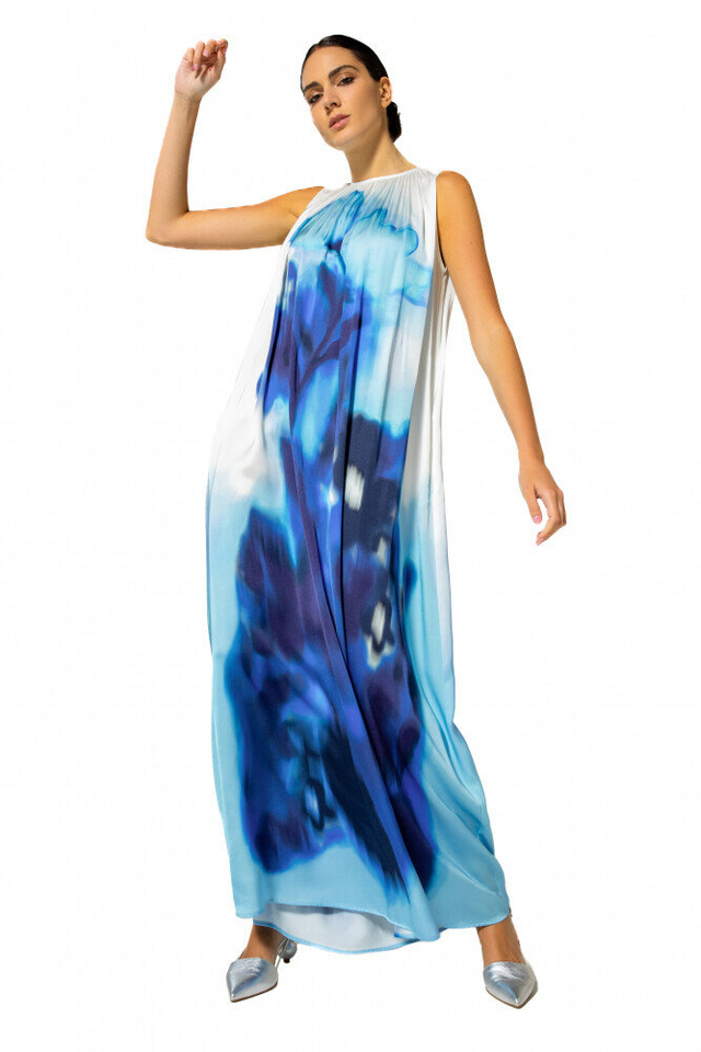 Blauw en witte lange mouwloze jurk in print Caroline Biss