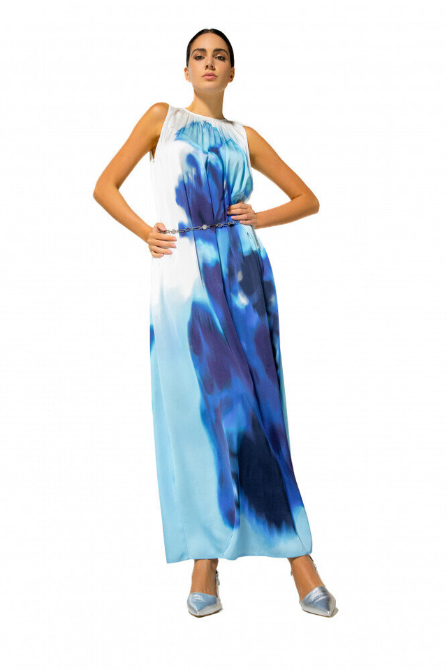 Blauw en witte lange mouwloze jurk in print Caroline Biss