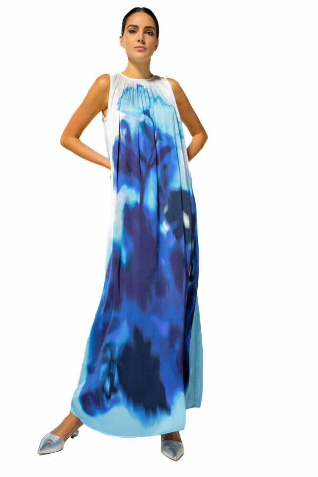 Blauw en witte lange mouwloze jurk in print Caroline Biss