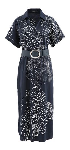 Donkerblauwe jurk met riem en wit bollenpatroon Caroline Biss