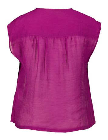 Fushia mouwloze bloes met gouden knopen Caroline Biss