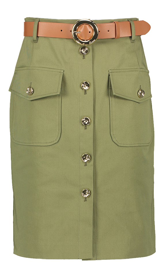 Kaki groene rok met goudkleurige detailknopen Caroline Biss