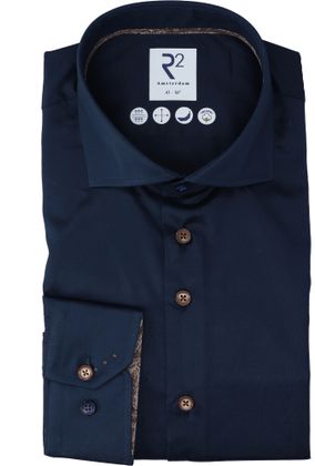 R2 Donkerblauw katoenen hemd (regular fit) met lange mouwen