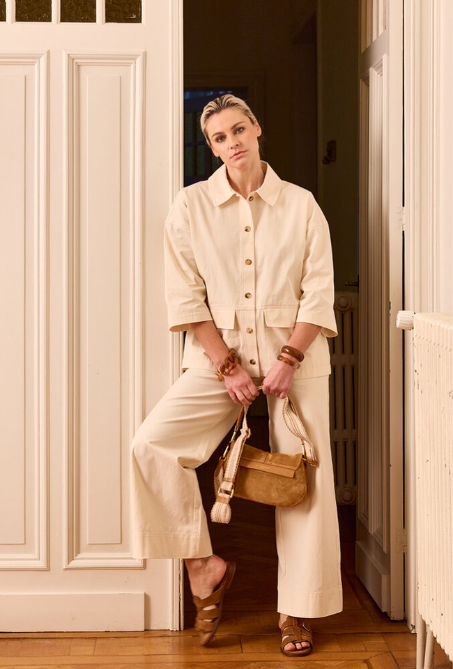 Ivoorkleurige oversized katoenen jas met knopen en driekwart mouwen Rue de Tokyo