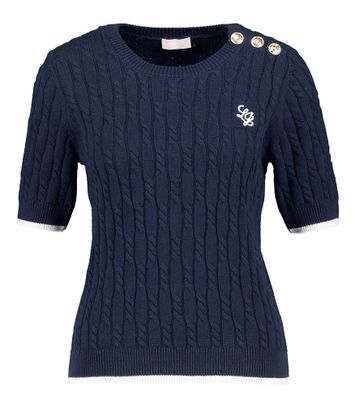 Blauwe kabeltrui met gouden sierknopen  Lui Jo 