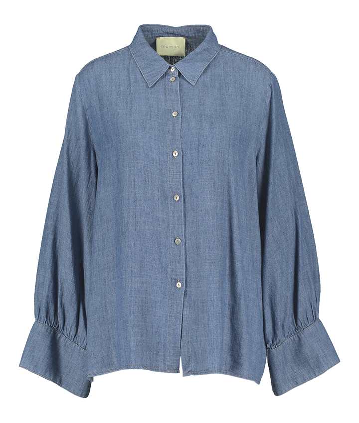 Blauwe soepelvallende bloes in jeans look Catinga Momoni