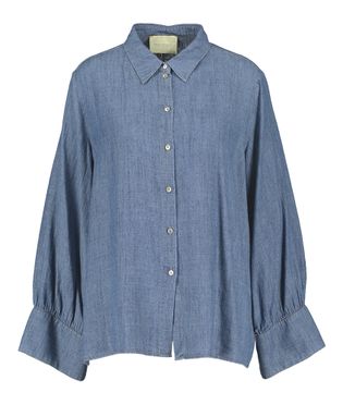 Momoni Blauwe soepelvallende bloes in jeans look Catinga