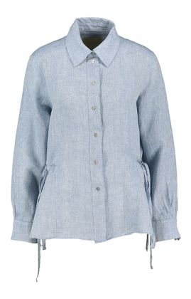 Momoni Lichtblauwe linnen bloes met detail aan de taille Sharon