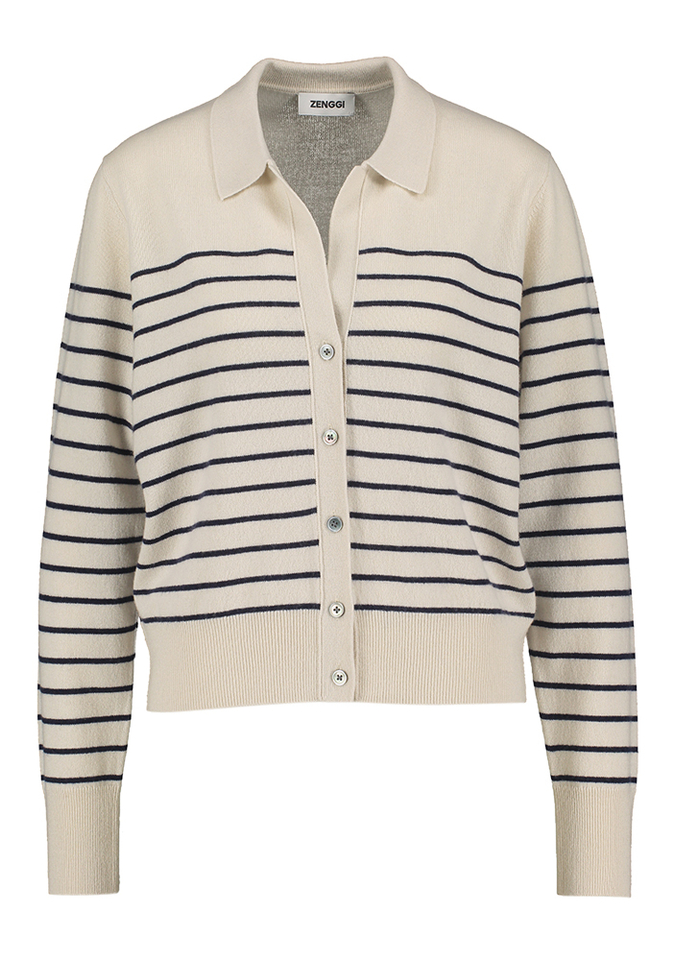 Beige wollen cardigan met zwarte strepen Zenggi