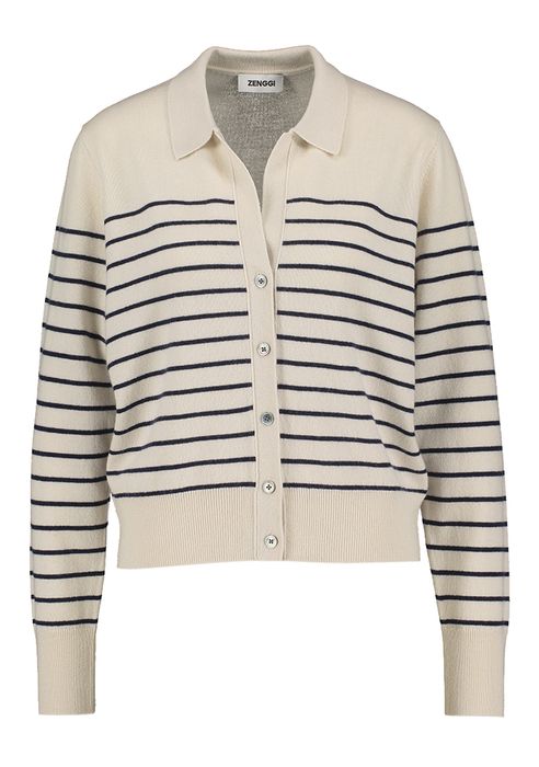 Beige wollen cardigan met zwarte strepen Zenggi