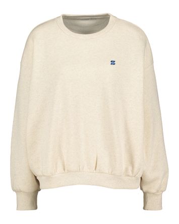 Beige sweater met ronde hals en kobaltblauw opschrift op de achterkant Bibi Dancing By-Bar