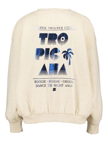 Beige sweater met ronde hals en kobaltblauw opschrift op de achterkant Bibi Dancing By-Bar