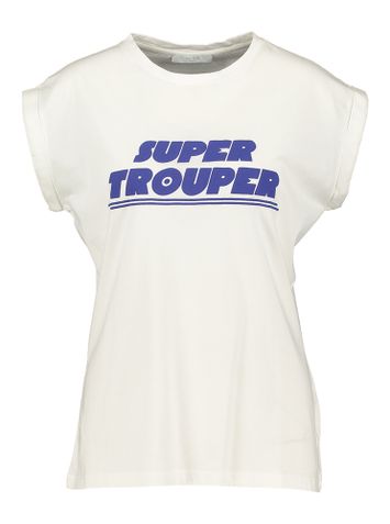 Ecru katoenen t-shirt met korte mouwen en kobaltblauw opschrift Thelma By-Bar