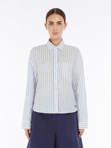 Witte linnen korte bloes met blauwe strepen Nolana Max Mara Weekend 