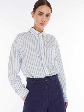 Witte linnen korte bloes met blauwe strepen Nolana Max Mara Weekend 