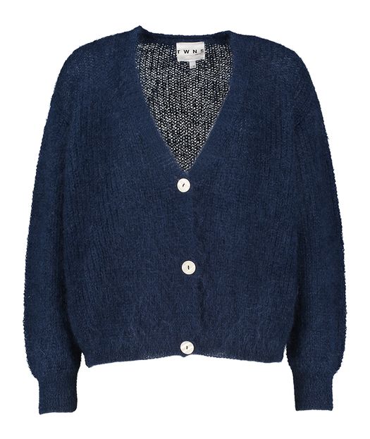 Donkerblauwe wollen gilet met parelmoerkleurige knopen Twins