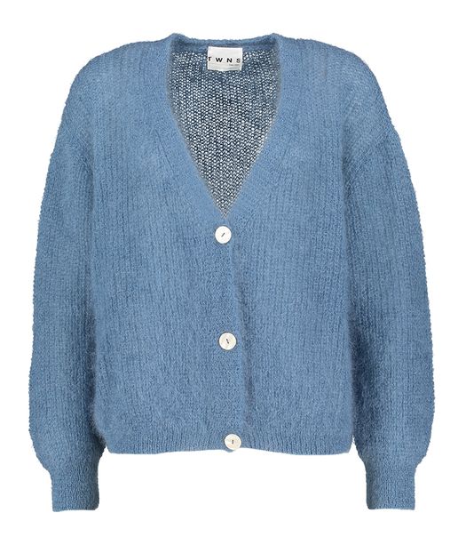 Petrolblauwe wollen gilet met parelmoerkleurige knopen Twins