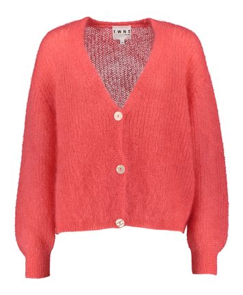 Koraalkleurige wollen gilet met parelmoerkleurige knopen Twins