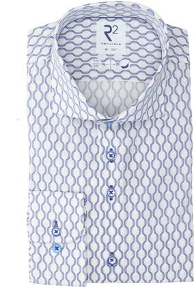 R2 Blauw en wit katoenen hemd (slim fit) met lange mouwen