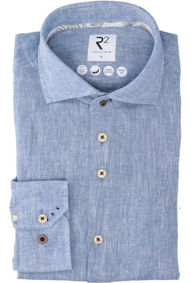 Blauwkleurig linnen hemd (regular fit) met lange mouwen R2