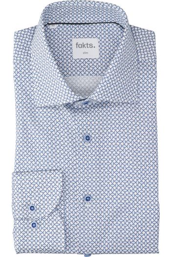 Wit katoenen hemd (slim fit) met lange mouwen in blauwe print Fakts