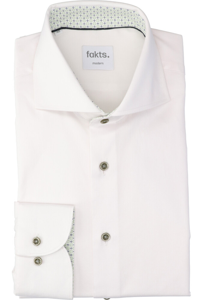 Wit katoenen hemd (regular fit) met lange mouwen en donkergroene knopen Fakts