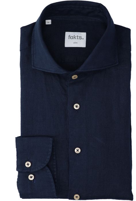 Blue dark uni linnen hemd ( slim fit) met lange mouwen Leisure Fakts