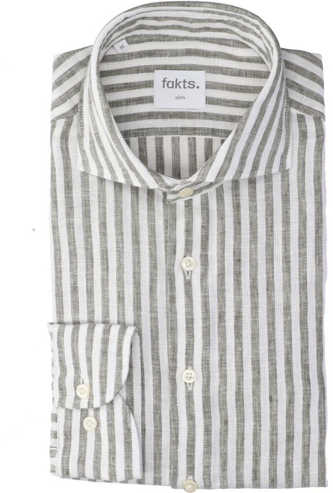 Olijfkleurig en wit gestreept linnen hemd (slim fit) met lange mouwen Leisure Fakts