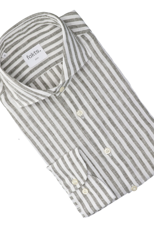 Olijfkleurig en wit gestreept linnen hemd (slim fit) met lange mouwen Leisure Fakts