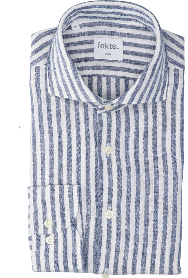 Blauw en wit gestreept linnen hemd (slim fit) met lange mouwen Leisure Fakts